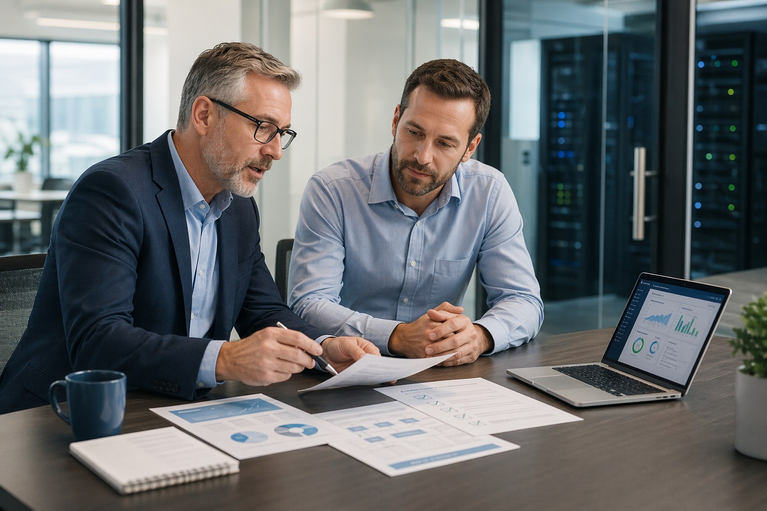 IT advisor and business leaders reviewing continuity planning documents and infrastructure metrics
