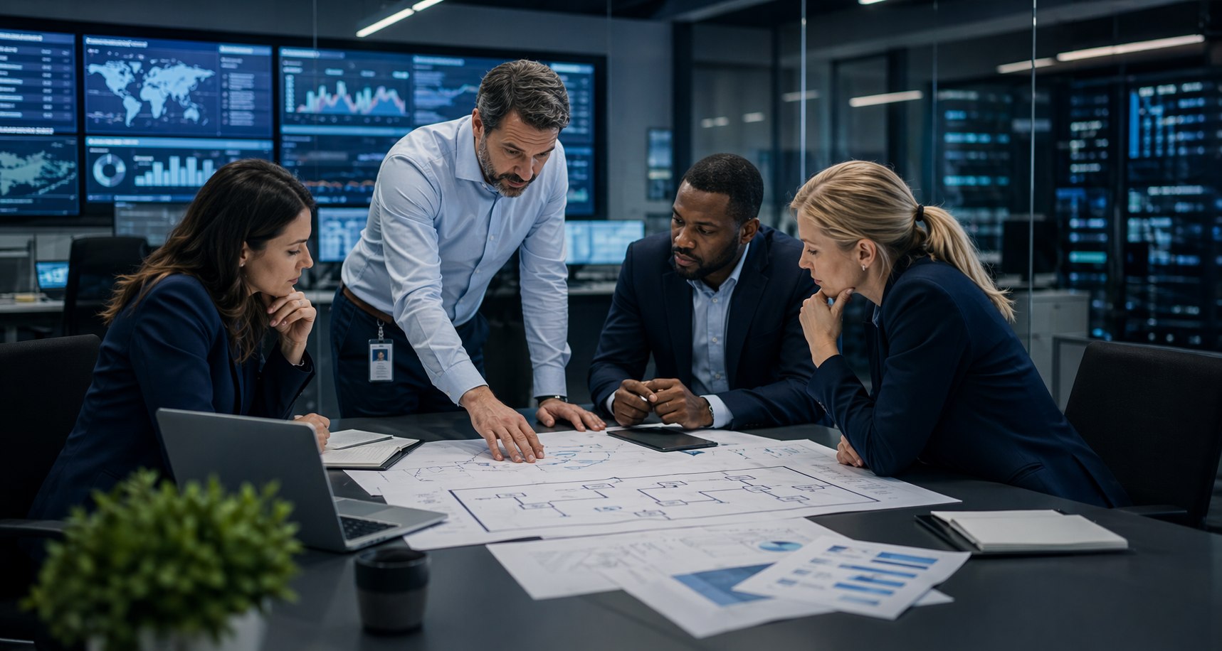 Business continuity and disaster recovery planning session in a modern operations center